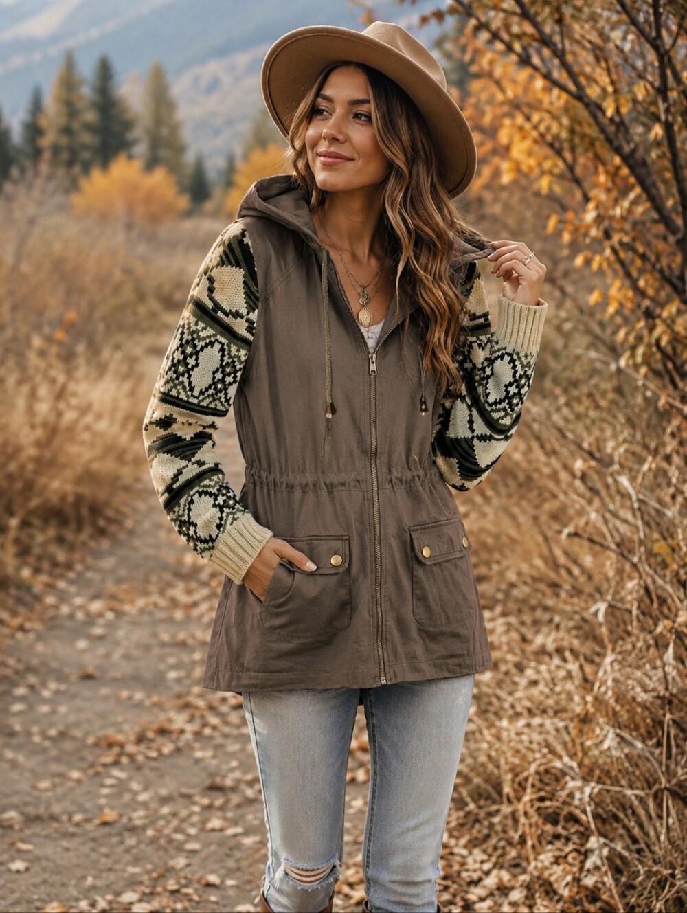 Skies Are Blue Women’s Utility Sweater Jacket Medium Brown Hooded Zip-Up Pockets
